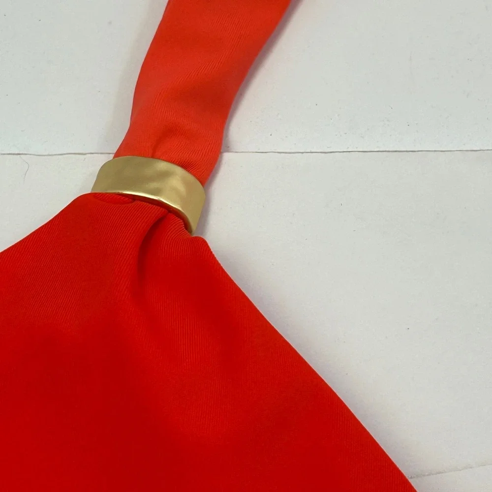 Boden Orangish Red Triangle Bikini‎ Top Gold Hardware Halter US 6 S028
